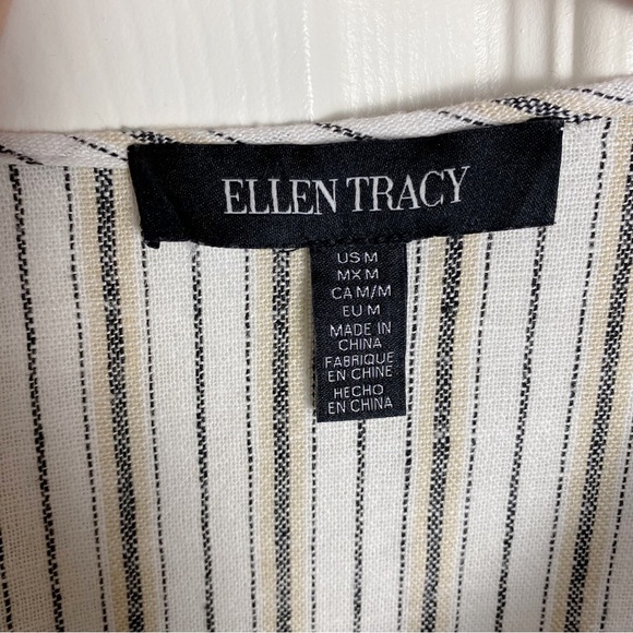 Ellen Tracy Linen Tie Neck Top Horizontal Striped Blouse Ruffled Flare Sleeves - Picture 5 of 6